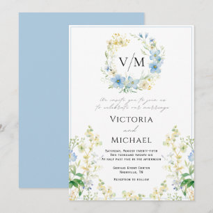 Blaue Flora Romantische Elegante Hochzeit Einladun Einladung