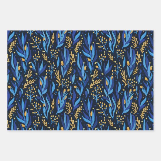 Blaue Flora, Sterne, helles Hanukkah Muster Geschenkpapier Set (Vorderseite)