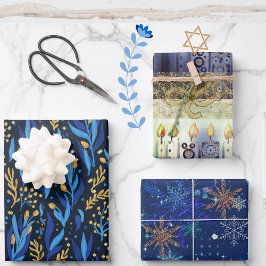 Blaue Flora, Sterne, helles Hanukkah Muster Geschenkpapier Set