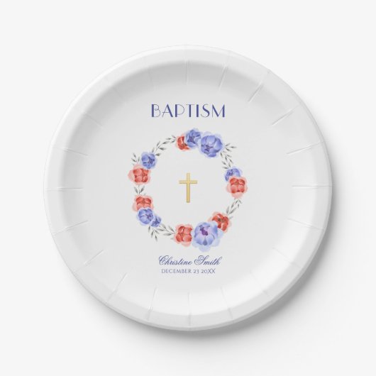Blaue Flora Taufe Christening Pappteller (Vorderseite)