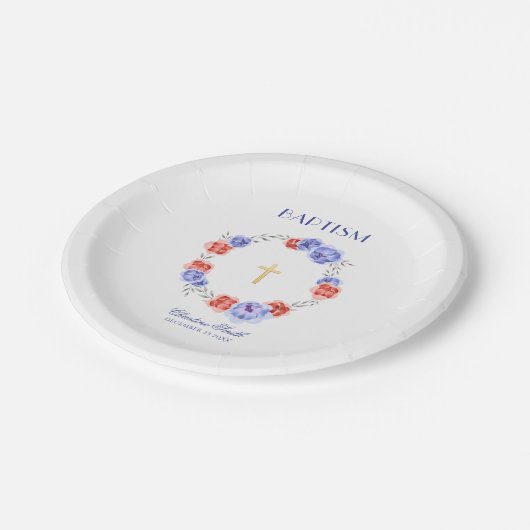 Blaue Flora Taufe Christening Pappteller (Schrägansicht)