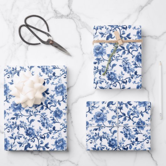 Blaue Flora und Fauna Vintag Geschenkpapier Set (Vorderseite)