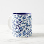 Blaue Flora und Fauna Vintag Zweifarbige Tasse (Vorderseite Links)