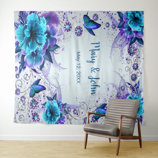 Blaue Flora und Schmetterlingsheirat im Hintergrun Wandteppich (Beispiel (Horizontal))