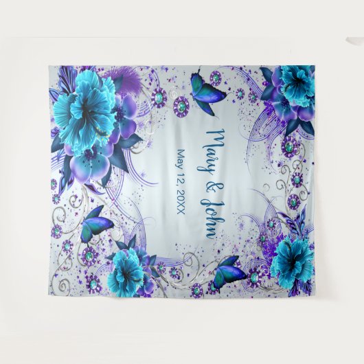 Blaue Flora und Schmetterlingsheirat im Hintergrun Wandteppich (Vorderseite (Horizontal))