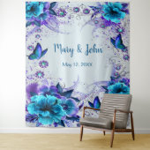 Blaue Flora und Schmetterlingsheirat im Hintergrun Wandteppich (Beispiel)