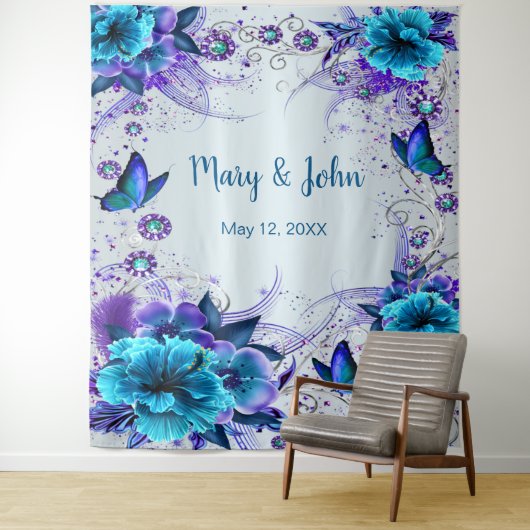 Blaue Flora und Schmetterlingsheirat im Hintergrun Wandteppich (Beispiel)