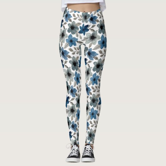 Blaue Flora Wasserfarbe Leggings Frauen (Vorderseite)