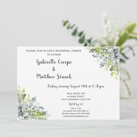 Blaue Flora Wasserfarbe Moderne Probe Abendessen Einladung (Stehend Vorderseite)