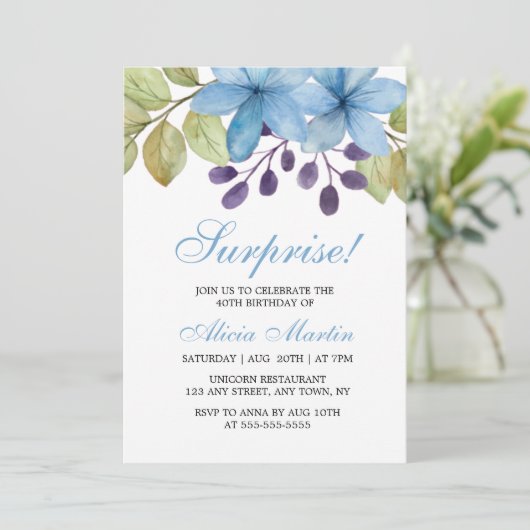 Blaue Flora Wasserfarben Jegliche Überraschung Geb Einladung (Stehend Vorderseite)