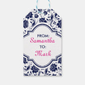 Blaue Floral-Damasken mit weißem Hintergrund Geschenkanhänger (Rückseite)