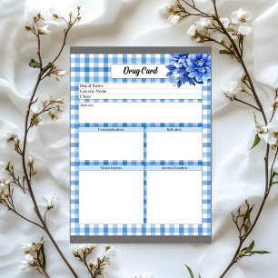 Blaue Floral Gingham _Arzneimittelkarte Notizblock