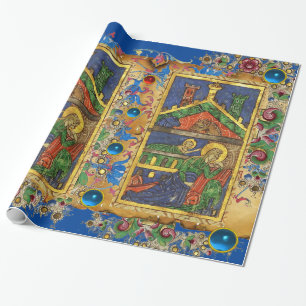 BLAUE FLORAL NATIVITY CHRISTMAS PARCHMENT AND GEMS GESCHENKPAPIER