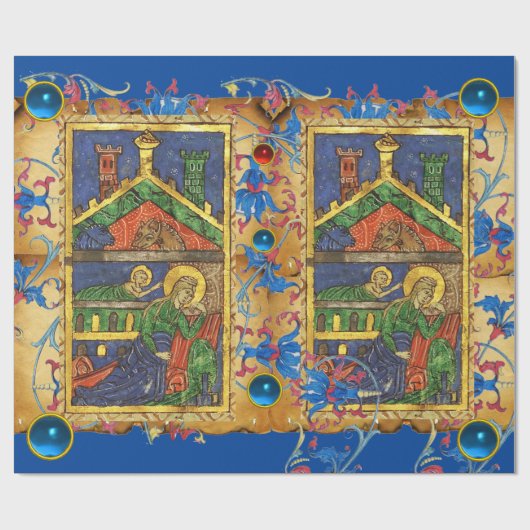 BLAUE FLORAL NATIVITY CHRISTMAS PARCHMENT AND GEMS GESCHENKPAPIER (Flach)