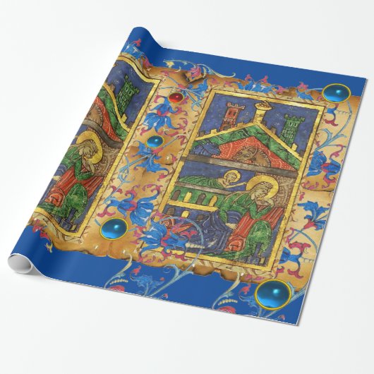 BLAUE FLORAL NATIVITY CHRISTMAS PARCHMENT AND GEMS GESCHENKPAPIER (Ungerollt)