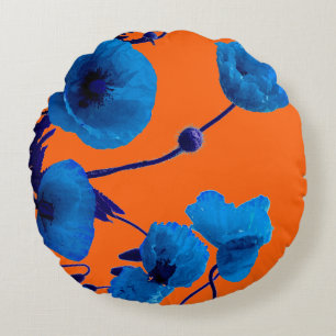 Blaue Florale Aquarell-Mohnblumen Sonnenuntergang Rundes Kissen
