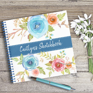 Blaue florale Aquarellschrift-Drehbuch Name chic Notizblock