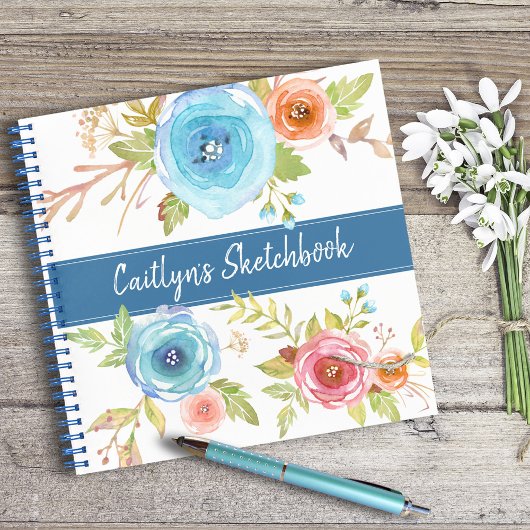 Blaue florale Aquarellschrift-Drehbuch Name chic Notizblock