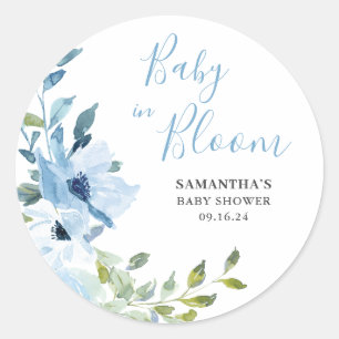 Blaue florale Baby-in-Blüte-Jungen-Baby-Party  Runder Aufkleber