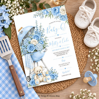Blaue florale Baby-Q-Baby-Shower-BBQ-Einladung Einladung