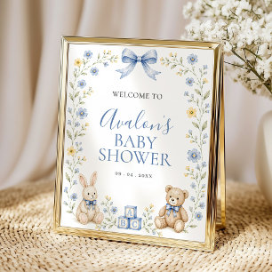 Blaue Florale Babyparty-Einladung Willkommen Poster