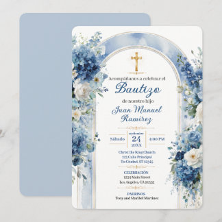 Blaue florale Bautizo-Tauf-Einladung für einen Jun Einladung
