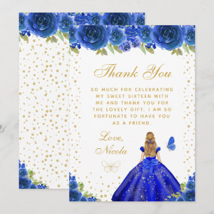 Blaue florale blonde Prinzessin Sweet Sixteen Dankeskarte
