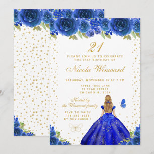 Blaue Florale Blondhaar Prinzessin Geburtstagsfeie Einladung
