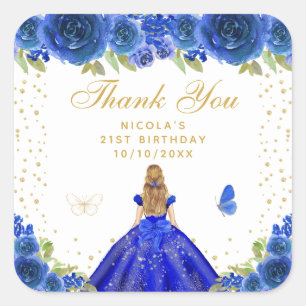 Blaue Florale Blondhaar-Prinzessin-Geburtstagsfeie Quadratischer Aufkleber