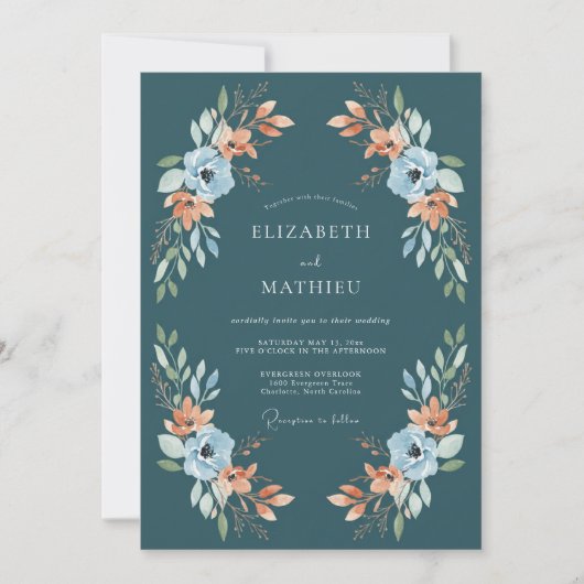 Blaue Florale Bogenhochzeit Einladung (Vorderseite)