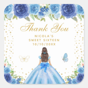 Blaue Florale Braunhaar-Haarprinzessin Sweet Sixte Quadratischer Aufkleber