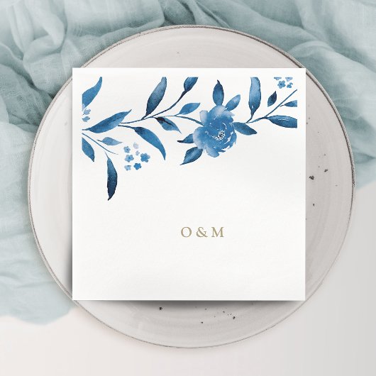 Blaue florale Chinoiserie-Hochzeitsmonogramm Serviette