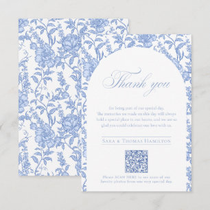 Blaue florale Chinoiserie QR-Code zu Hochzeitsfoto Dankeskarte