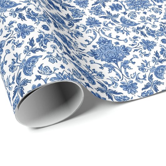 Blaue florale Chinoiserie Wasserfarbe Weiß Geschenkpapier (Rolleneckpunkt)