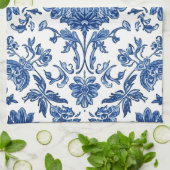 Blaue florale Chinoiserie Wasserfarbe Weiß Geschirrtuch (Gefaltet)