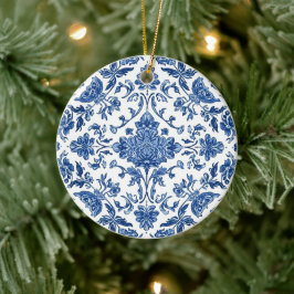 Blaue florale Chinoiserie Wasserfarbe Weiß Keramik Ornament