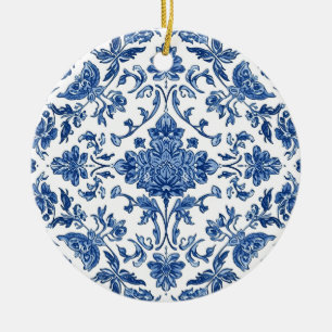 Blaue florale Chinoiserie Wasserfarbe Weiß Keramik Ornament
