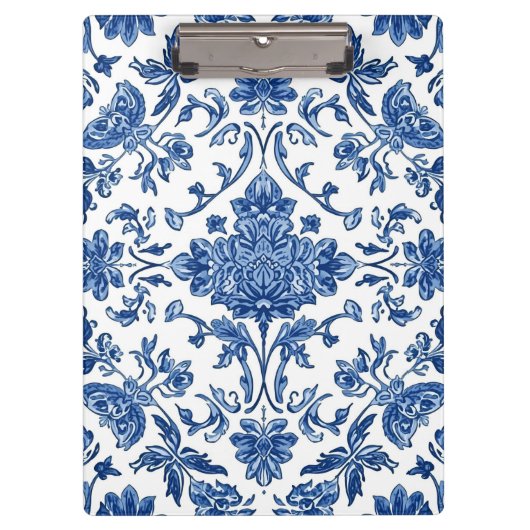 Blaue florale Chinoiserie Wasserfarbe Weiß Klemmbrett (Vorderseite)