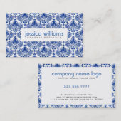 Blaue florale Damasken auf Weiß Visitenkarte (Vorne/Hinten)