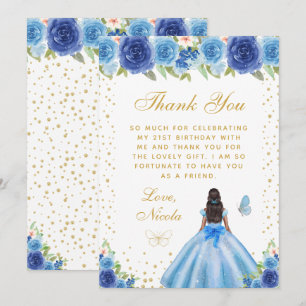Blaue Florale Dark Skin Prinzessin Geburtstagsfeie Dankeskarte