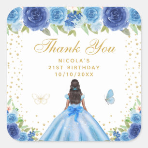 Blaue Florale Dark Skin Prinzessin Geburtstagsfeie Quadratischer Aufkleber