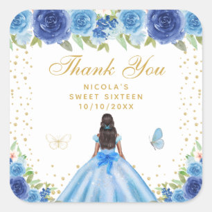 Blaue Florale Dark Skin Prinzessin Sweet Sixteen Quadratischer Aufkleber