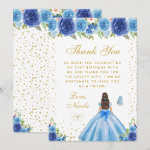 Blaue Florale Dunkelhaarige Haar Prinzessin Geburt Dankeskarte