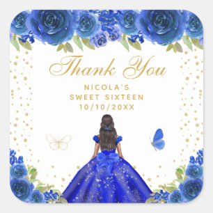 Blaue Florale Dunkle Haut Prinzessin Sweet Sixteen Quadratischer Aufkleber