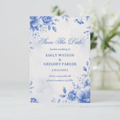 Blaue Florale Elegante Wasserfarbe Save The Date (Stehend Vorderseite)