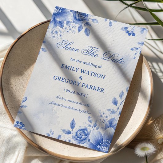 Blaue Florale Elegante Wasserfarbe Save The Date