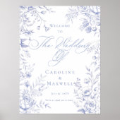 Blaue florale französische Hochzeitsfeier Poster (Vorne)