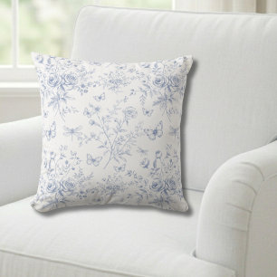 Blaue florale französische Toile Kissen