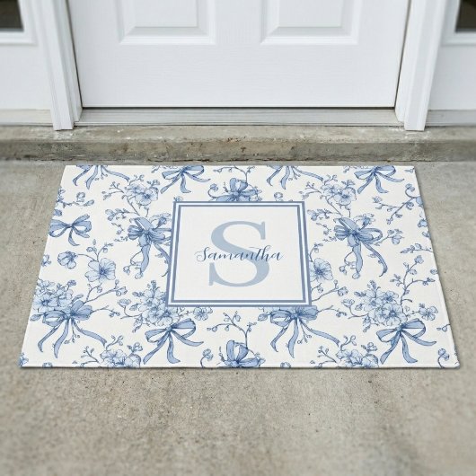 Blaue florale französische Toile Monogramm Name  Fußmatte