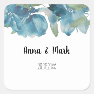 Blaue Florale Fusion Wasserfarbe Handbemalt Quadratischer Aufkleber